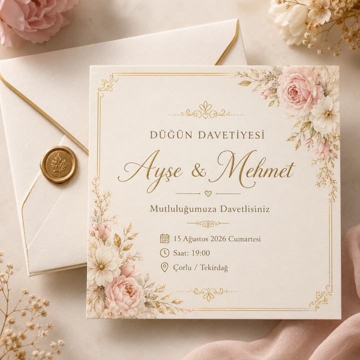 Düğün Davetiyesi Baskı Zarflı Özel Tasarım Davetiye